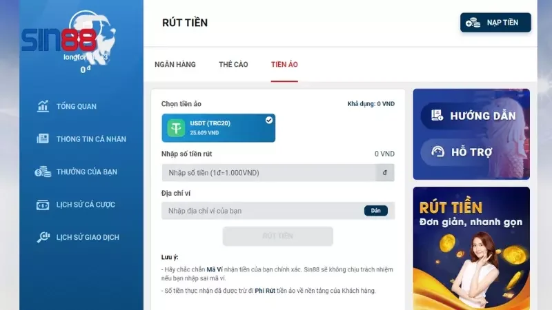 Hướng dẫn từng bước rút tiền Sin88 bằng tiền ảo